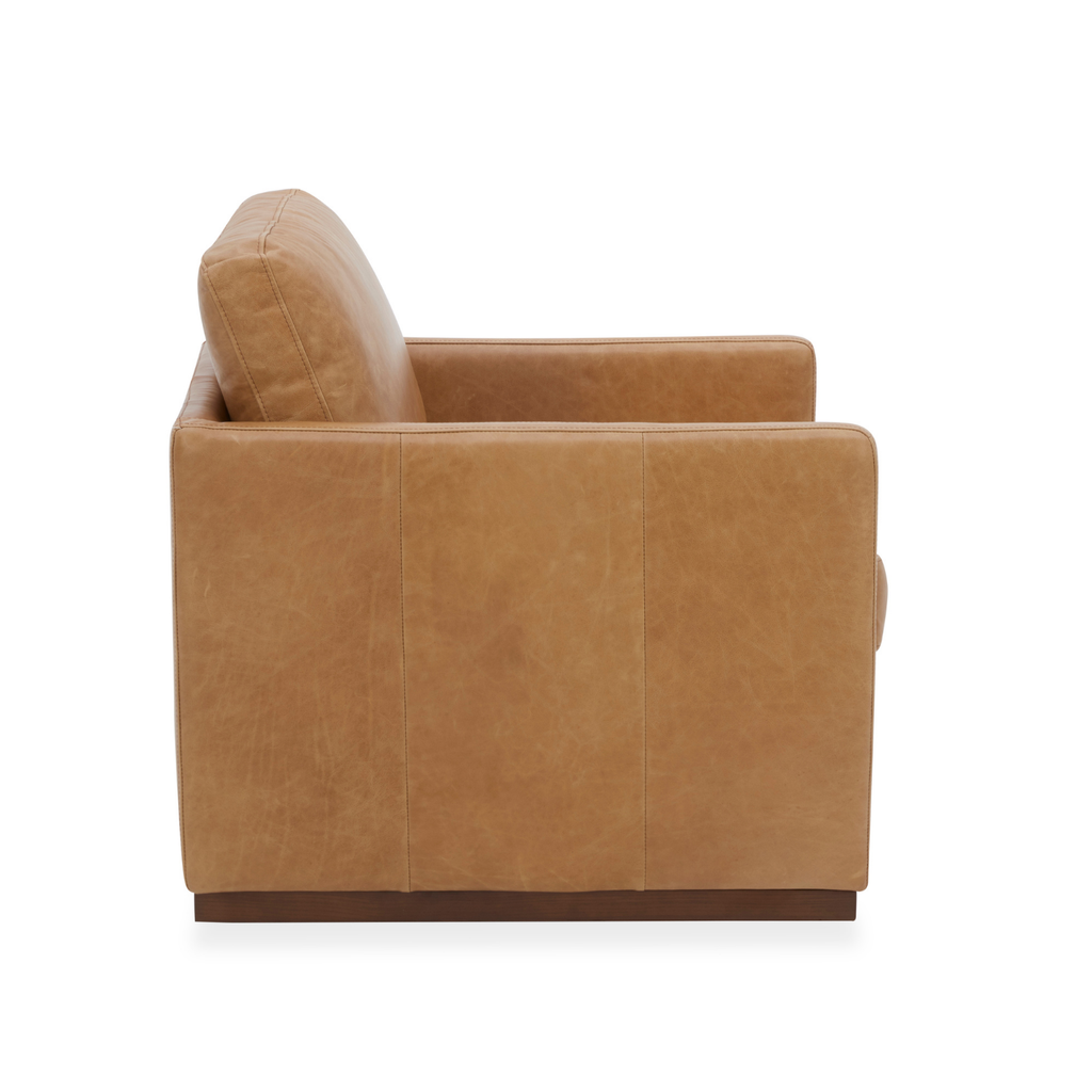 Swivel Lounge Chair in Distressed Cognac Leather - Track Arms, Walnut Base
