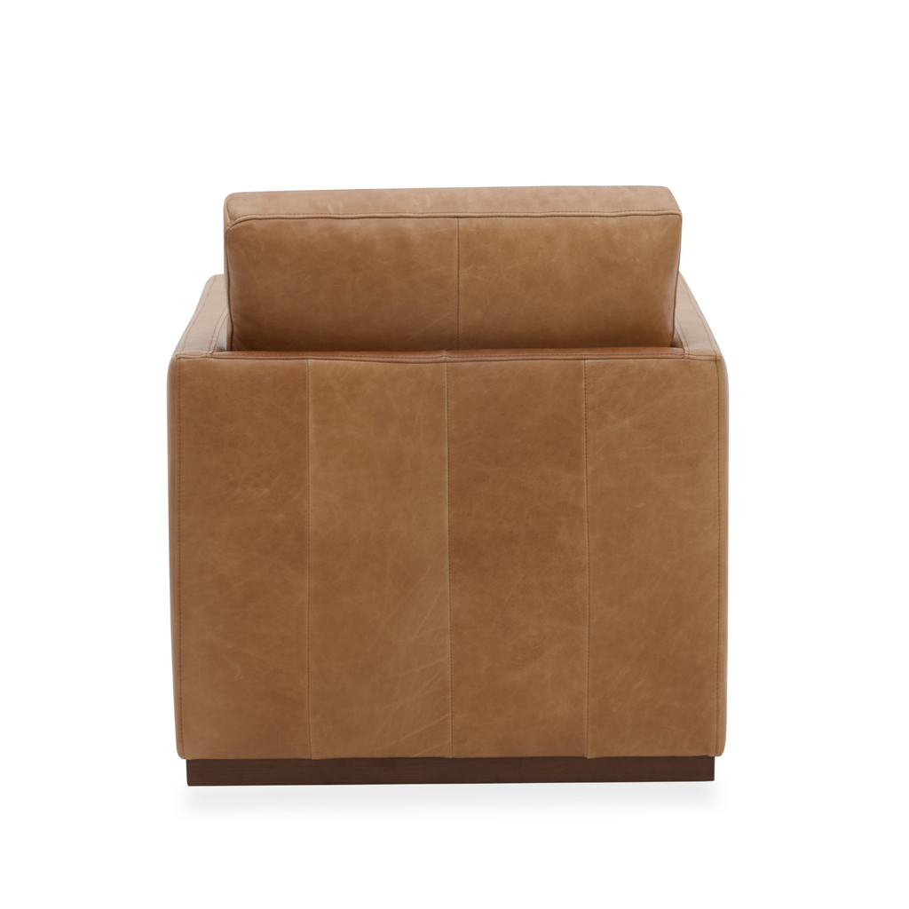 Swivel Lounge Chair in Distressed Cognac Leather - Track Arms, Walnut Base