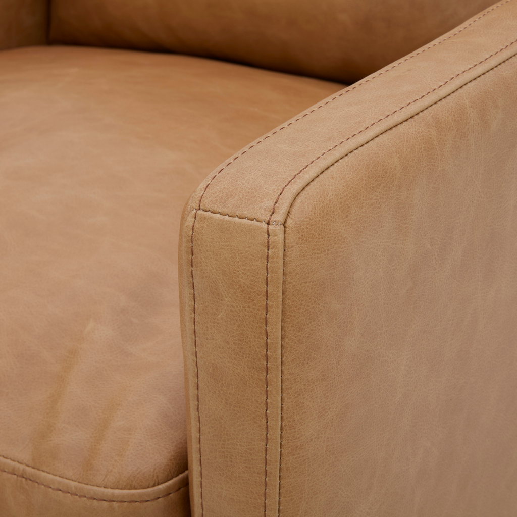 Swivel Lounge Chair in Distressed Cognac Leather - Track Arms, Walnut Base