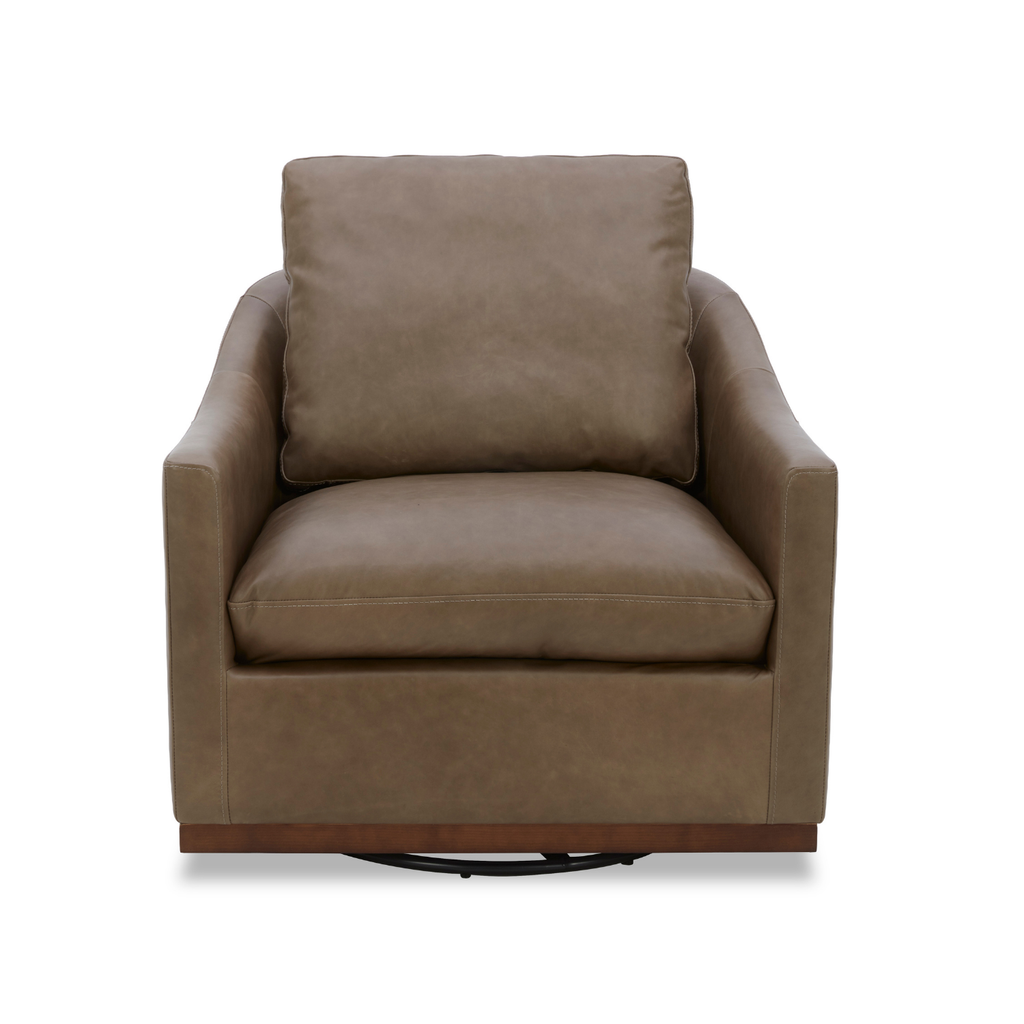 Swivel Lounge Chair in Pewter Leather - Curved Silhouette, Tailored Cushions