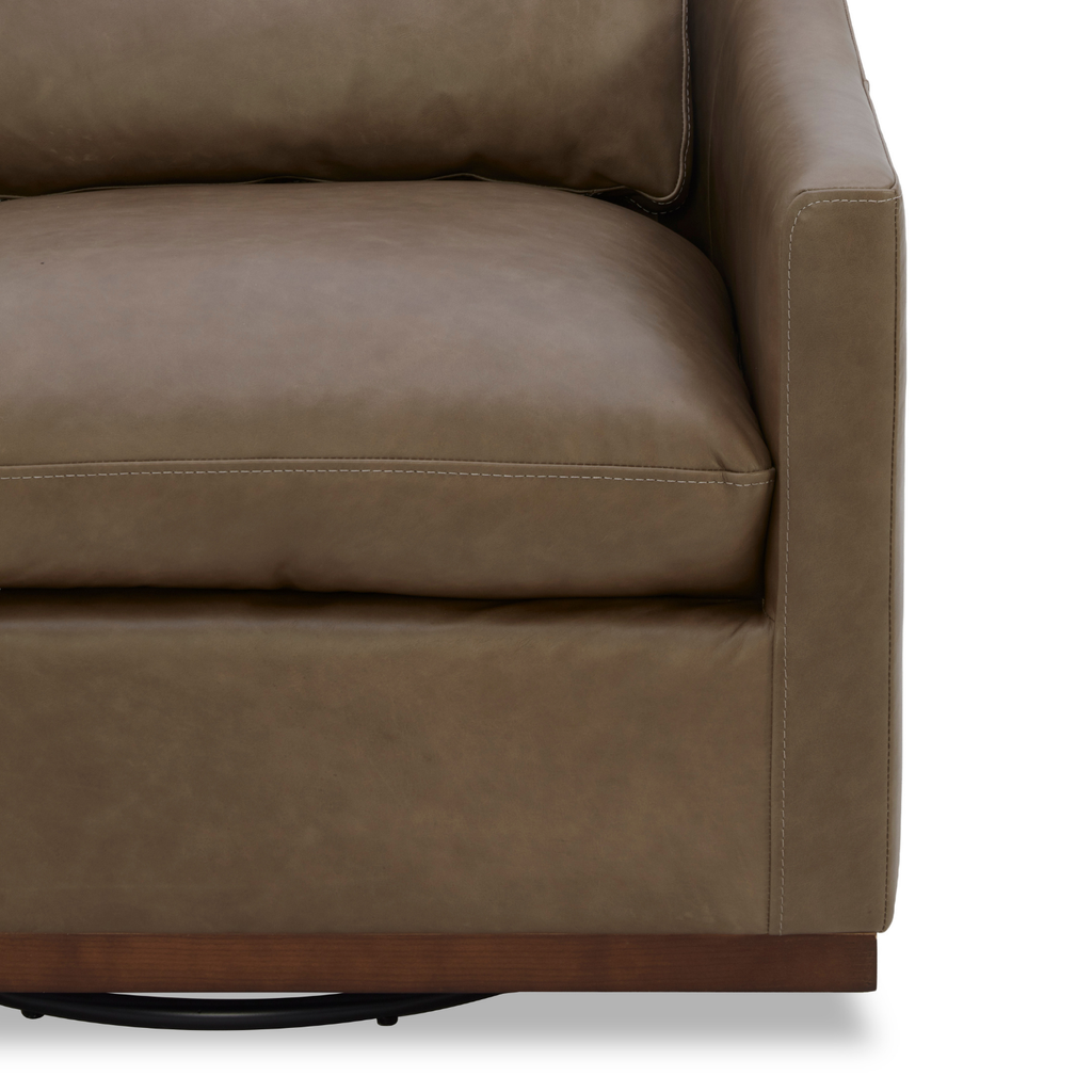 Swivel Lounge Chair in Pewter Leather - Curved Silhouette, Tailored Cushions