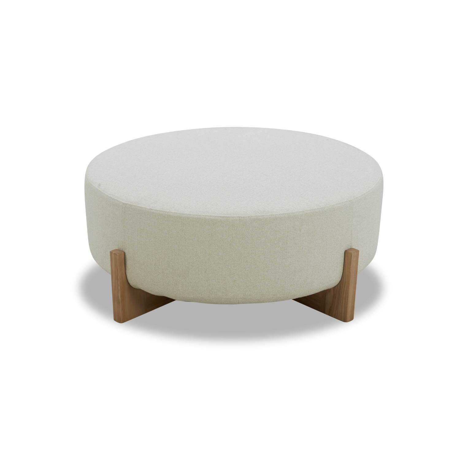 Round Ottoman in Ivory Polyester - Light Wood Base, Scandinavian Design