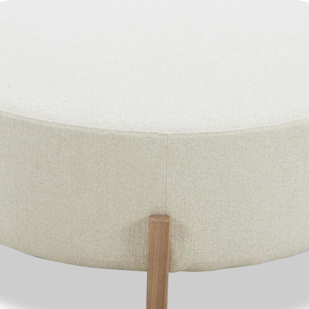 Round Ottoman in Ivory Polyester - Light Wood Base, Scandinavian Design