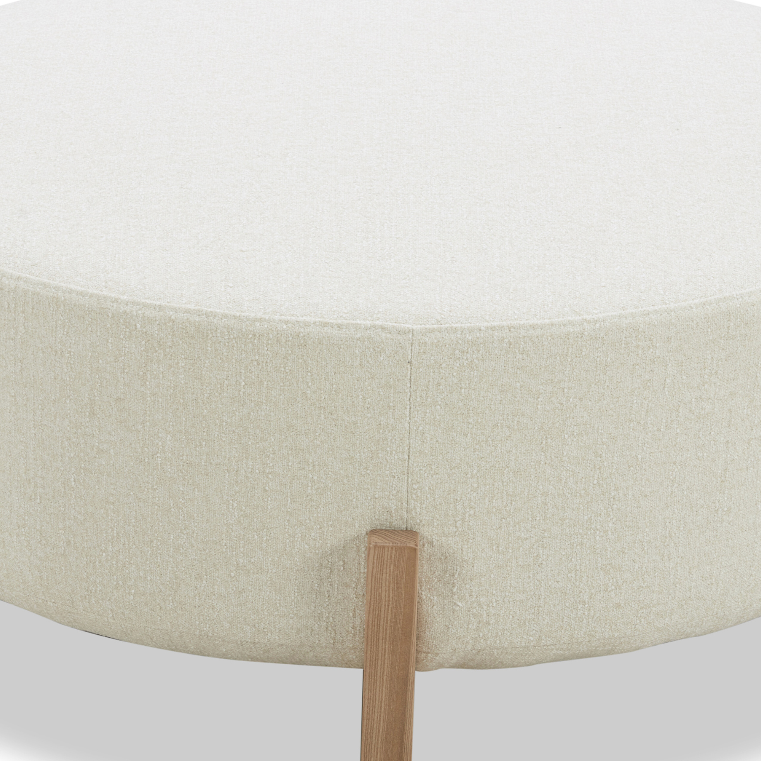 Round Ottoman in Ivory Polyester - Light Wood Base, Scandinavian Design