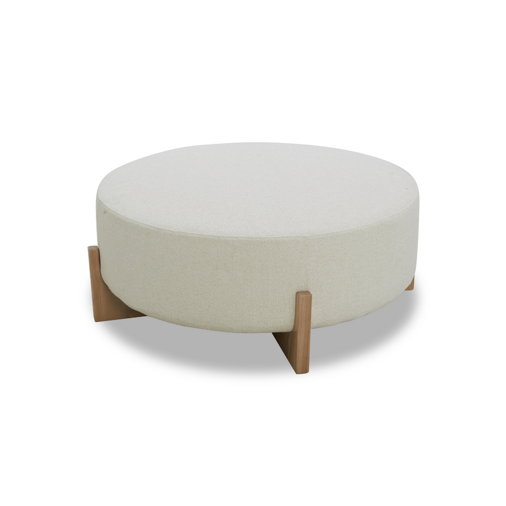 Round Ottoman in Ivory Polyester - Light Wood Base, Scandinavian Design