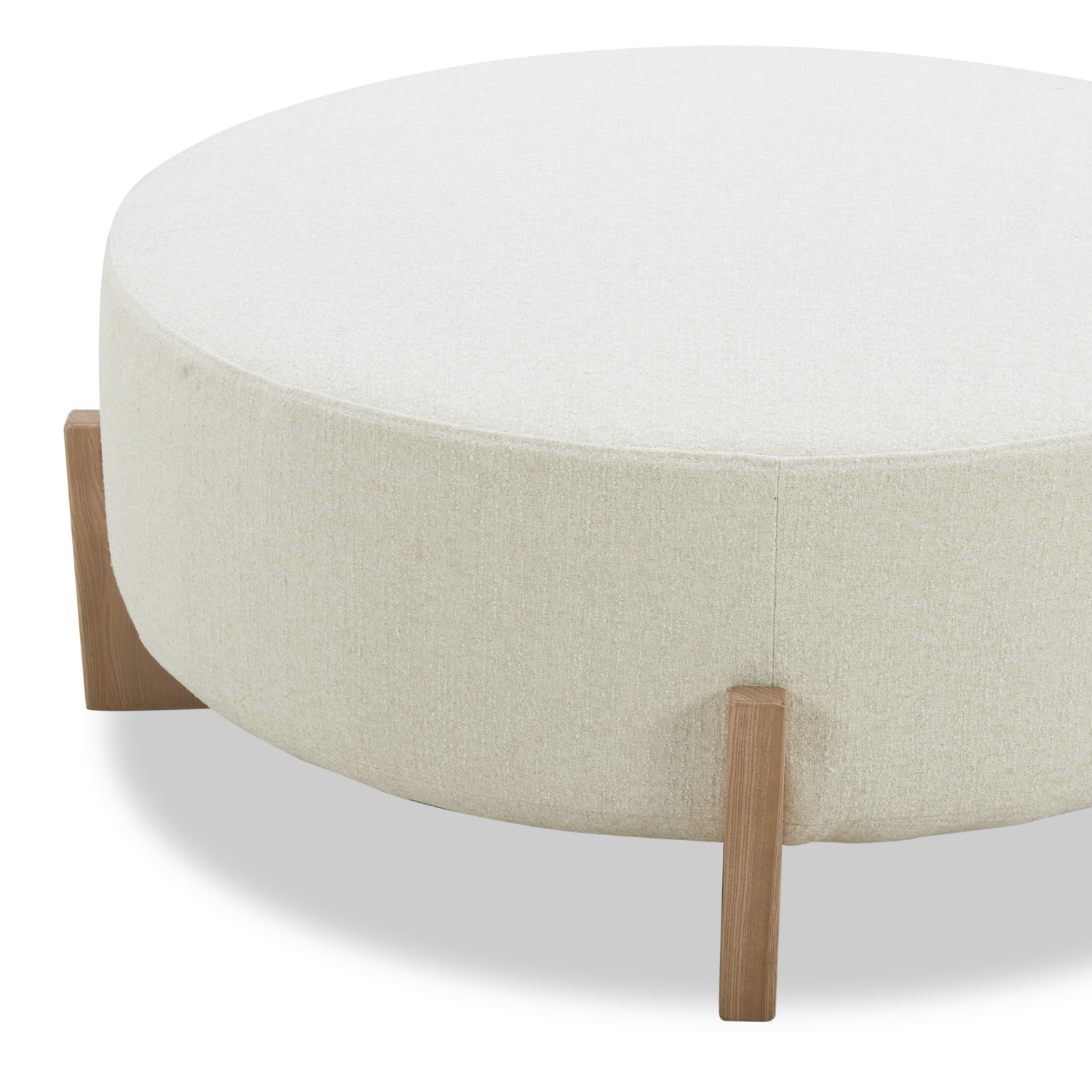 Round Ottoman in Ivory Polyester - Light Wood Base, Scandinavian Design