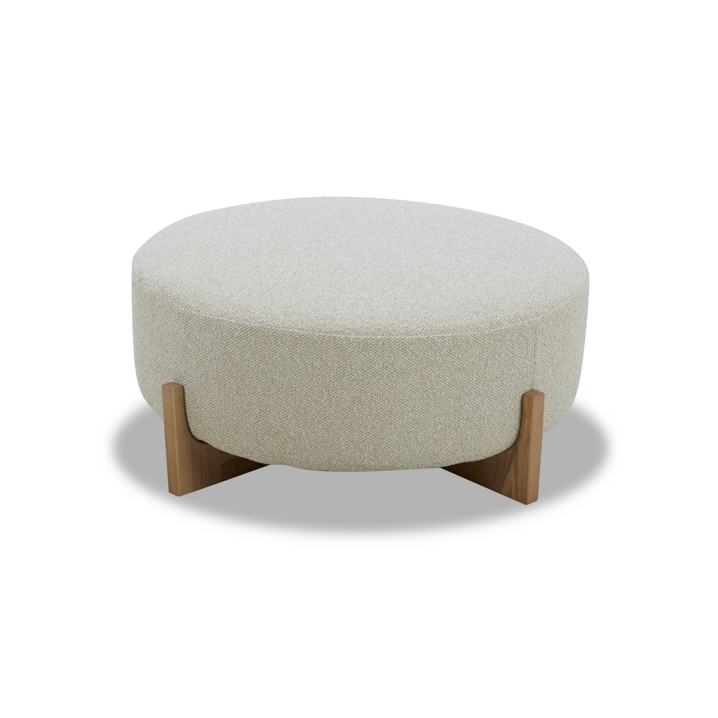 Round Ottoman in Linen-Textured Polyester - Light Wood Base, Scandinavian Design