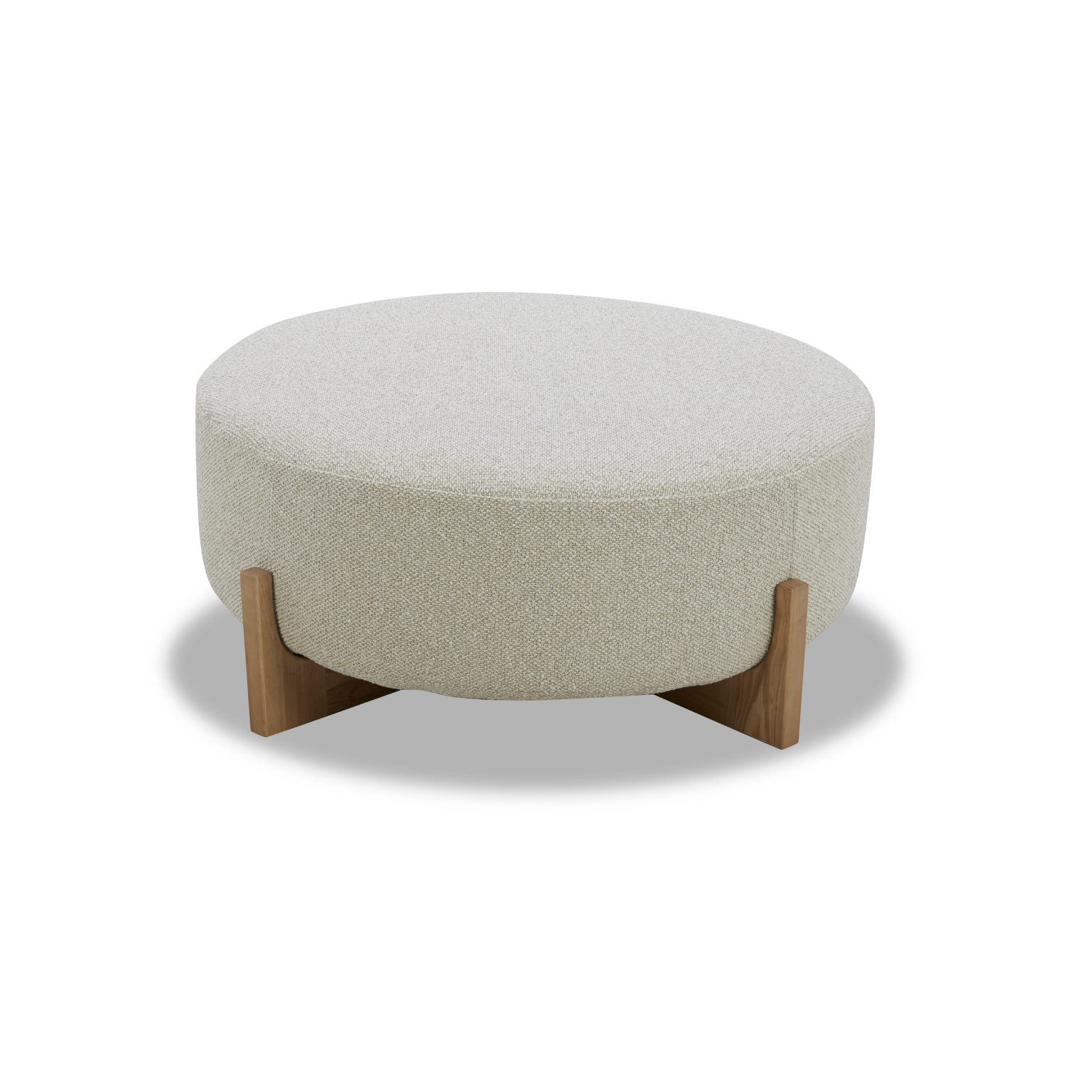 Round Ottoman in Linen-Textured Polyester - Light Wood Base, Scandinavian Design