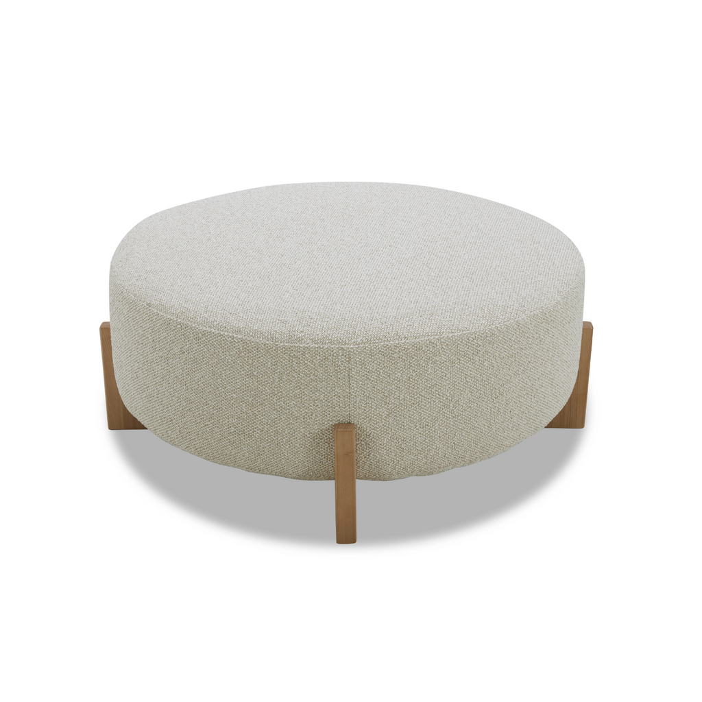 Round Ottoman in Linen-Textured Polyester - Light Wood Base, Scandinavian Design
