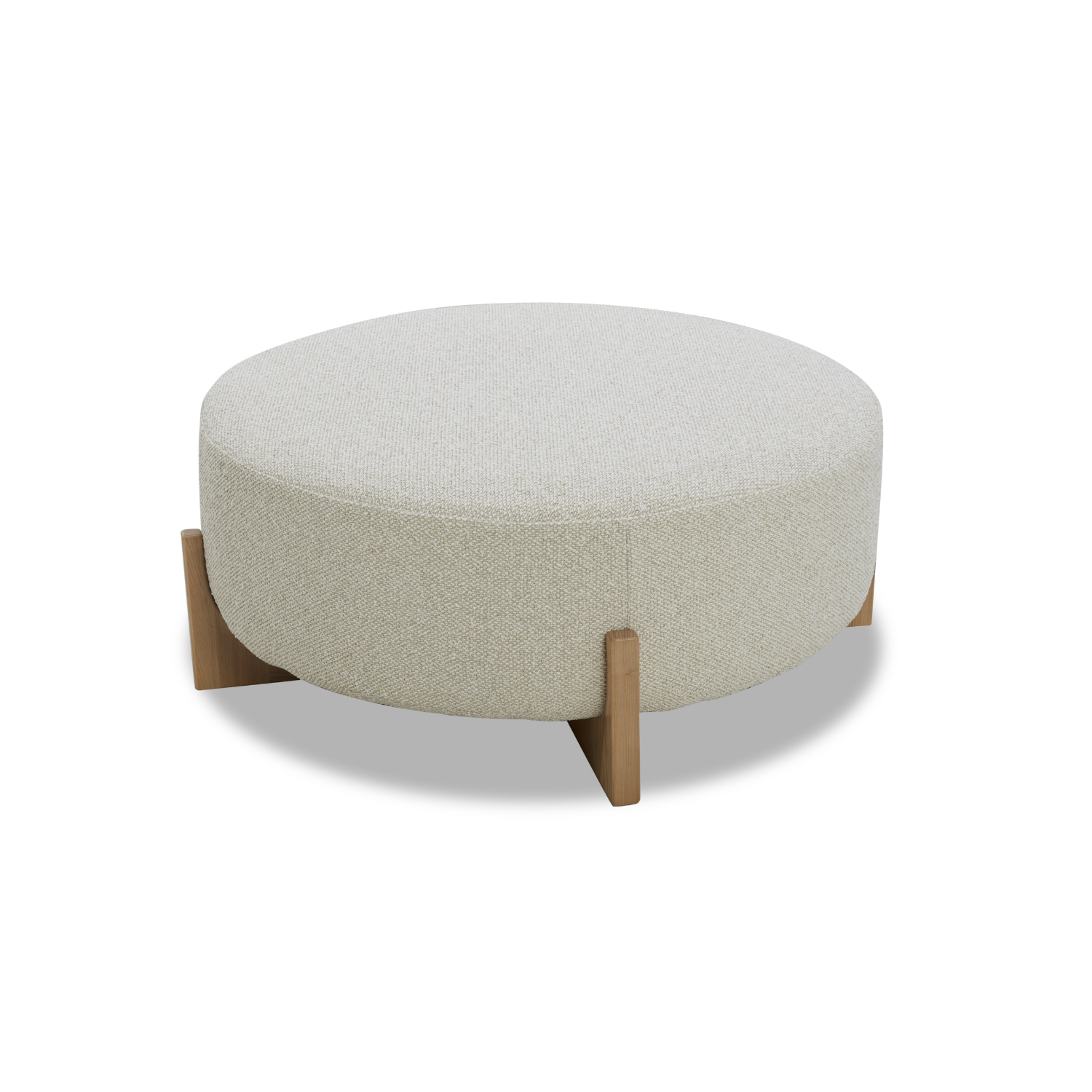 Round Ottoman in Linen-Textured Polyester - Light Wood Base, Scandinavian Design
