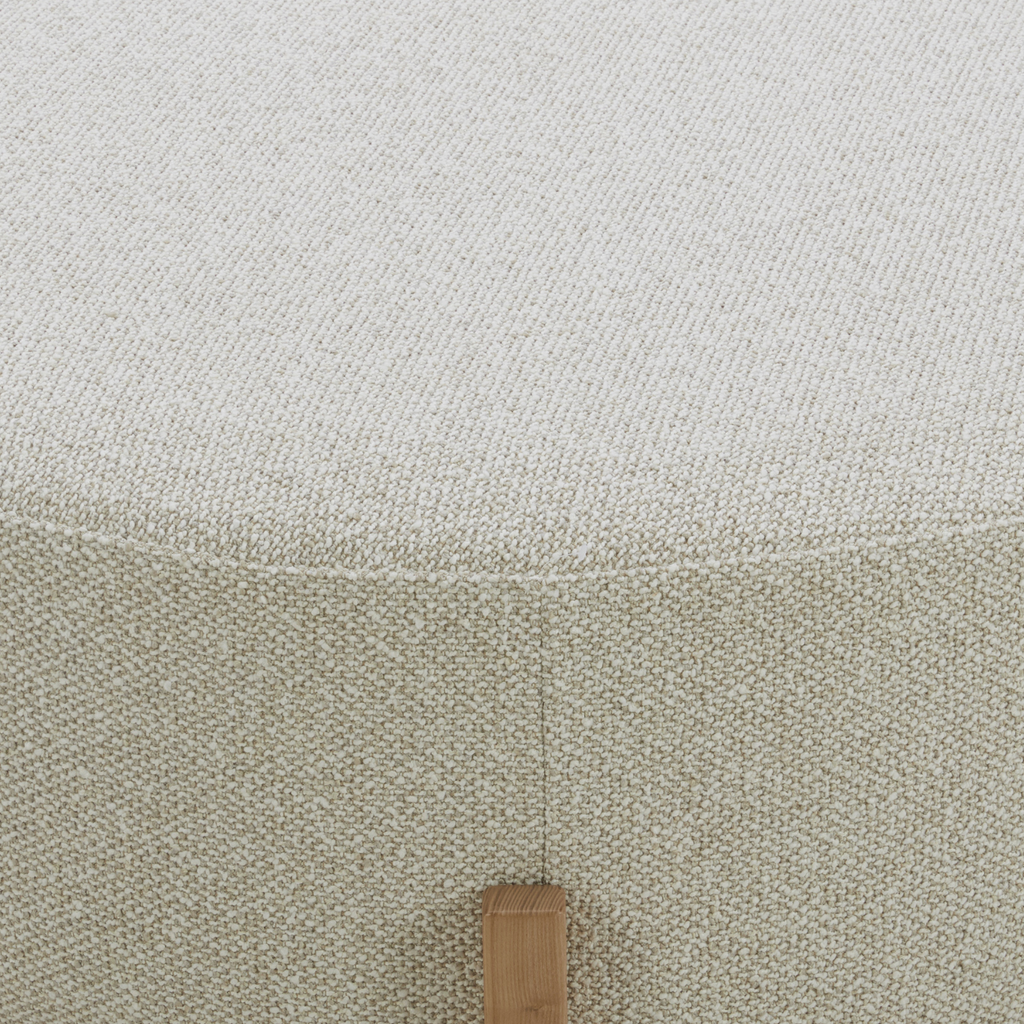 Round Ottoman in Linen-Textured Polyester - Light Wood Base, Scandinavian Design