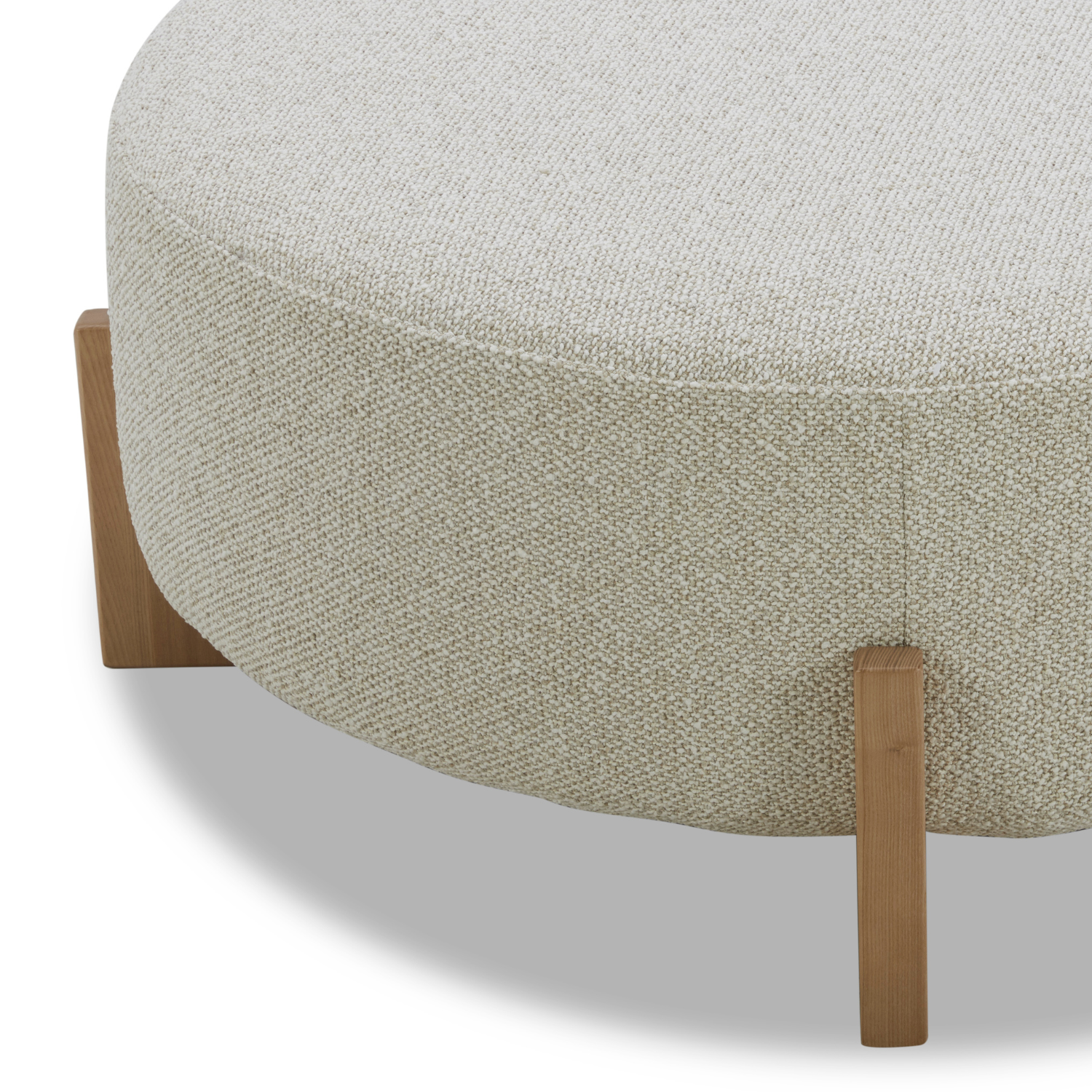Round Ottoman in Linen-Textured Polyester - Light Wood Base, Scandinavian Design