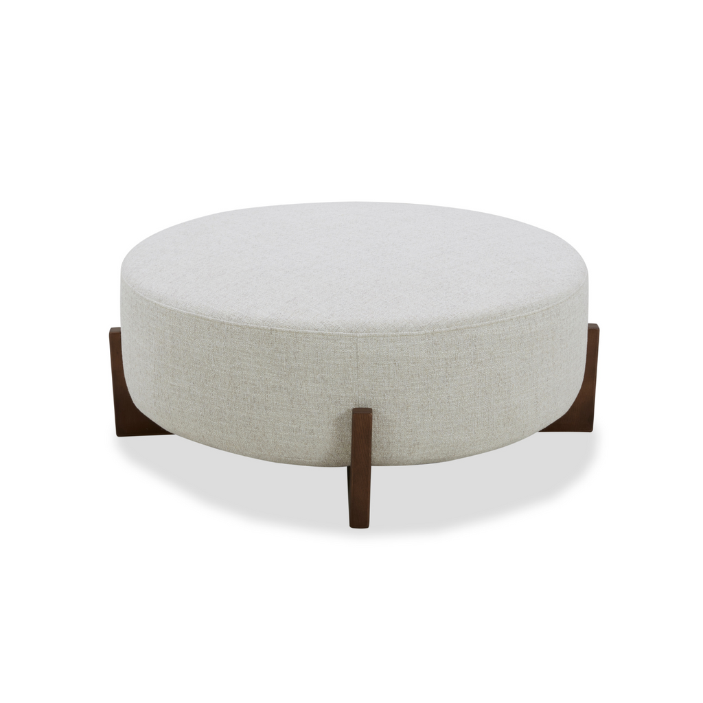 Round Ottoman in Wheat Woven Polyester - Dark Wood Base, Coffee Table Option