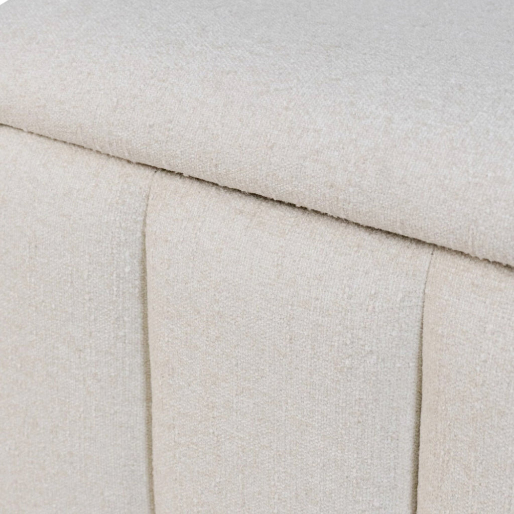 Channel-Tufted Storage Bench in Ivory Fabric - Rounded Edges, Hidden Storage