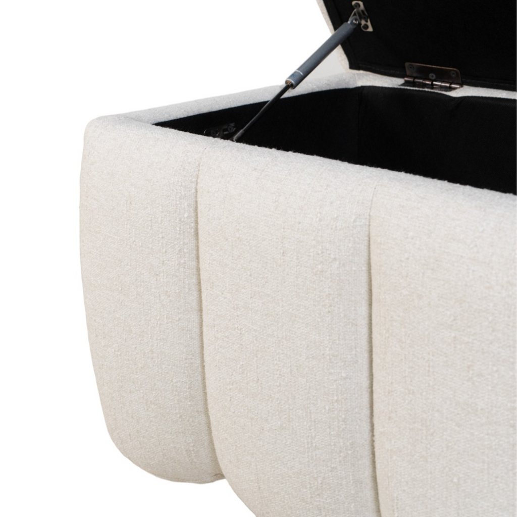 Channel-Tufted Storage Bench in Ivory Fabric - Rounded Edges, Hidden Storage