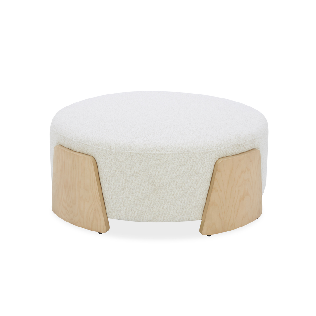 Round Ottoman in Ivory Linen Weave - Natural Wood Base, Multipurpose