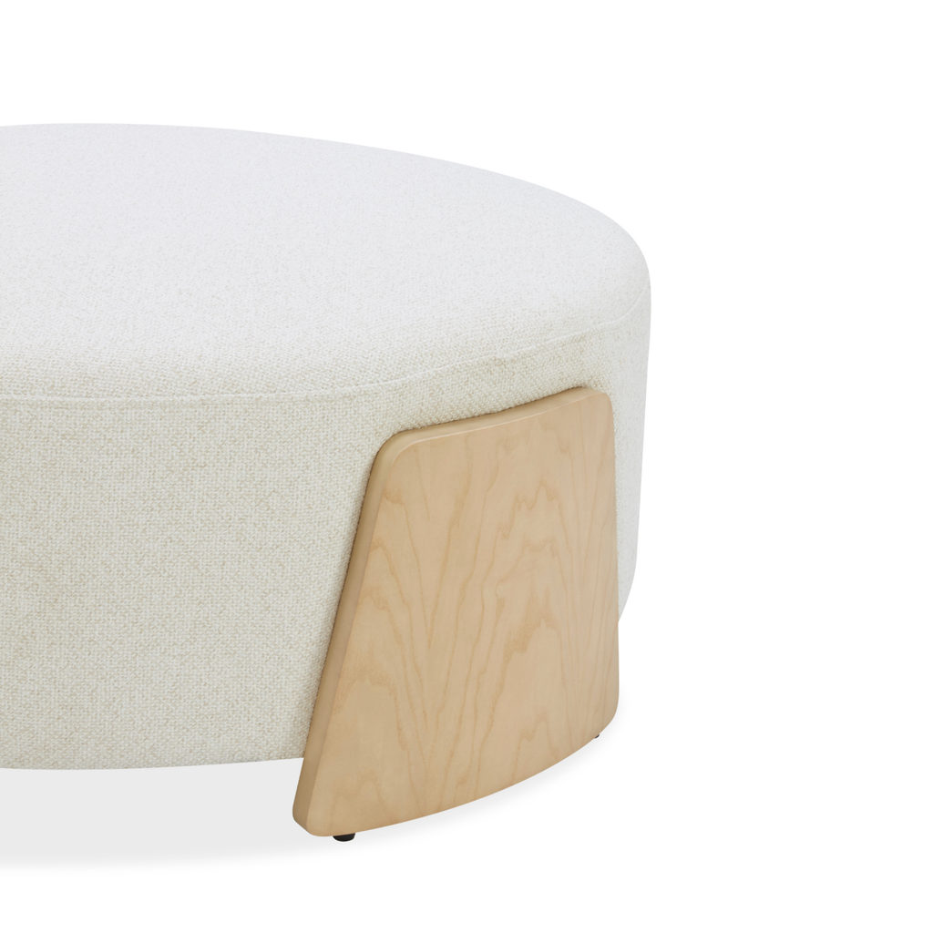 Round Ottoman in Ivory Linen Weave - Natural Wood Base, Multipurpose
