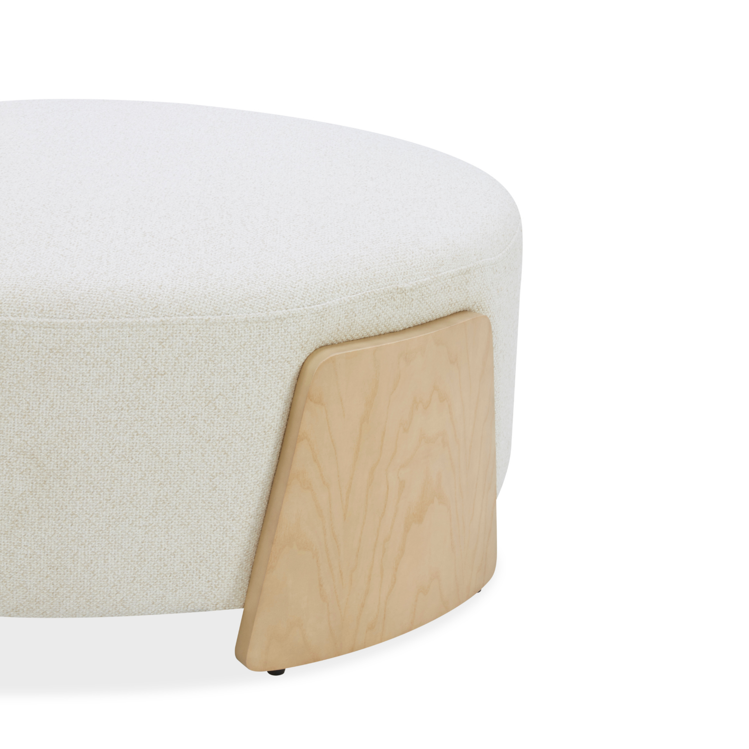 Round Ottoman in Ivory Linen Weave - Natural Wood Base, Multipurpose