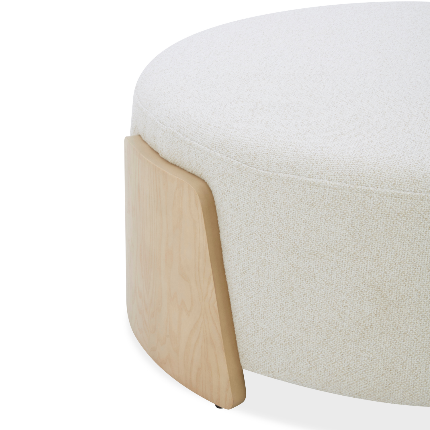Round Ottoman in Ivory Linen Weave - Natural Wood Base, Multipurpose