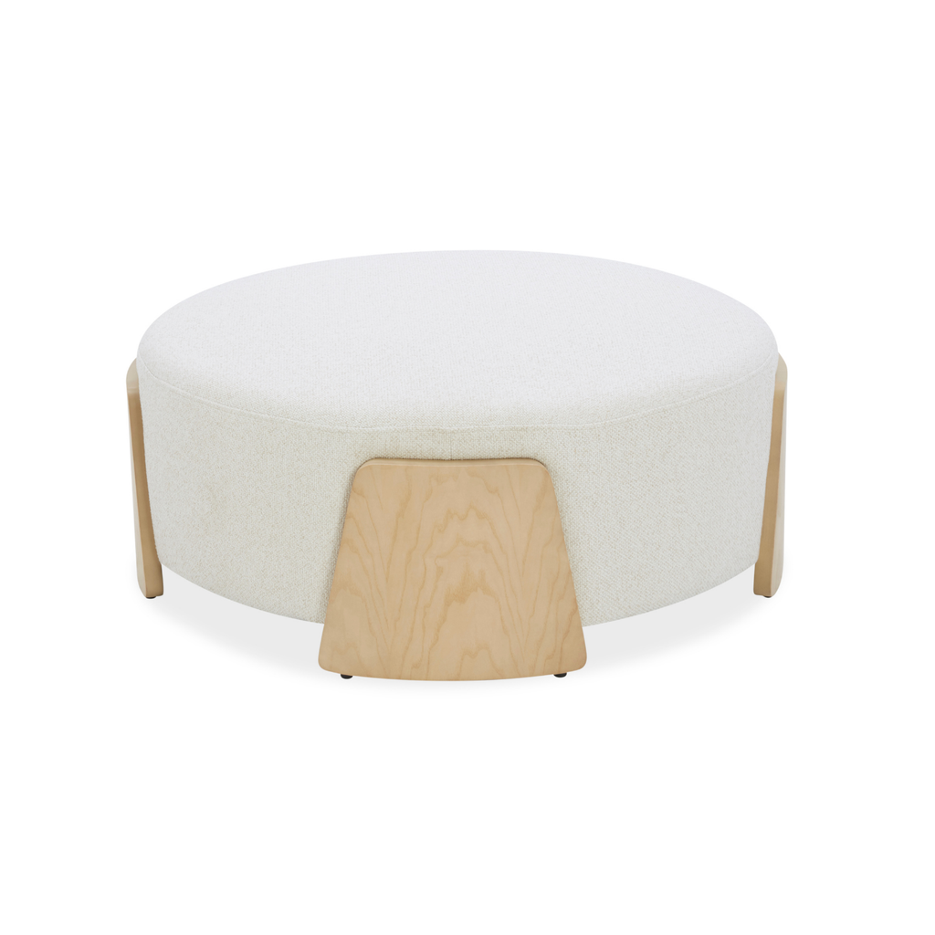 Round Ottoman in Ivory Linen Weave - Natural Wood Base, Multipurpose