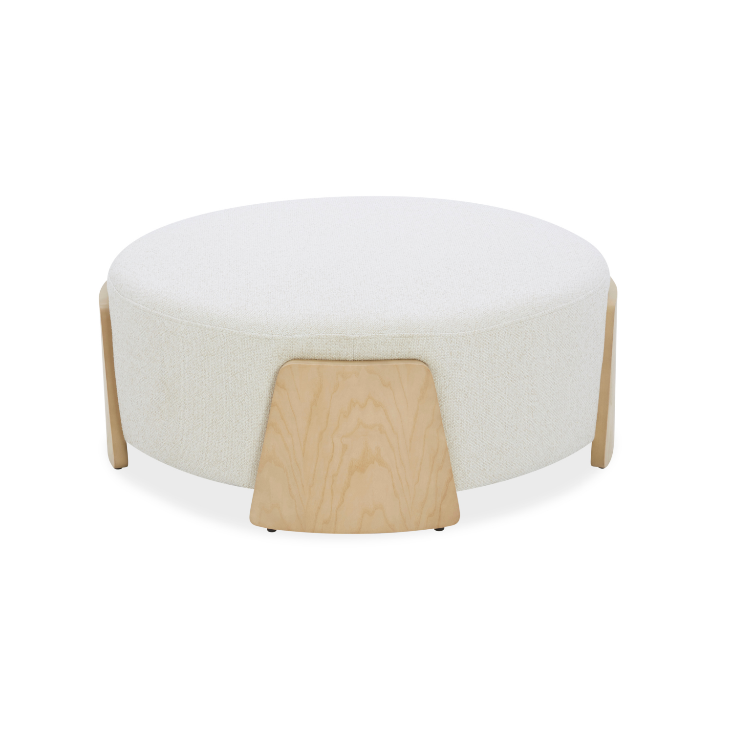 Round Ottoman in Ivory Linen Weave - Natural Wood Base, Multipurpose