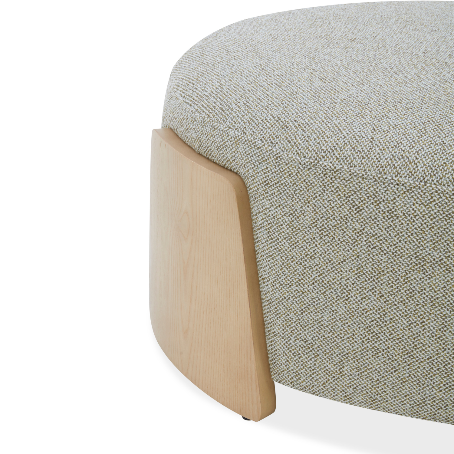 Round Ottoman in Moss Green Weave - Natural Wood Base, Multipurpose