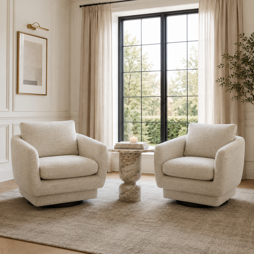 Compact Swivel Lounge Chair in Sand Fabric - Wood Frame, High-Density Foam