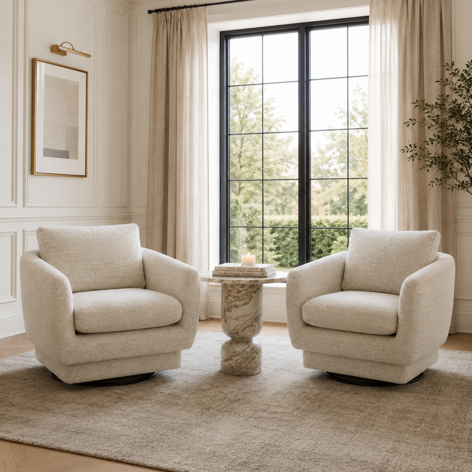 Compact Swivel Lounge Chair in Sand Fabric - Wood Frame, High-Density Foam