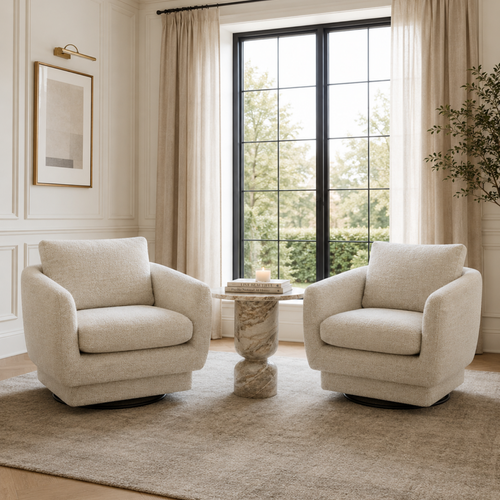 Compact Swivel Lounge Chair in Sand Fabric - Wood Frame, High-Density Foam