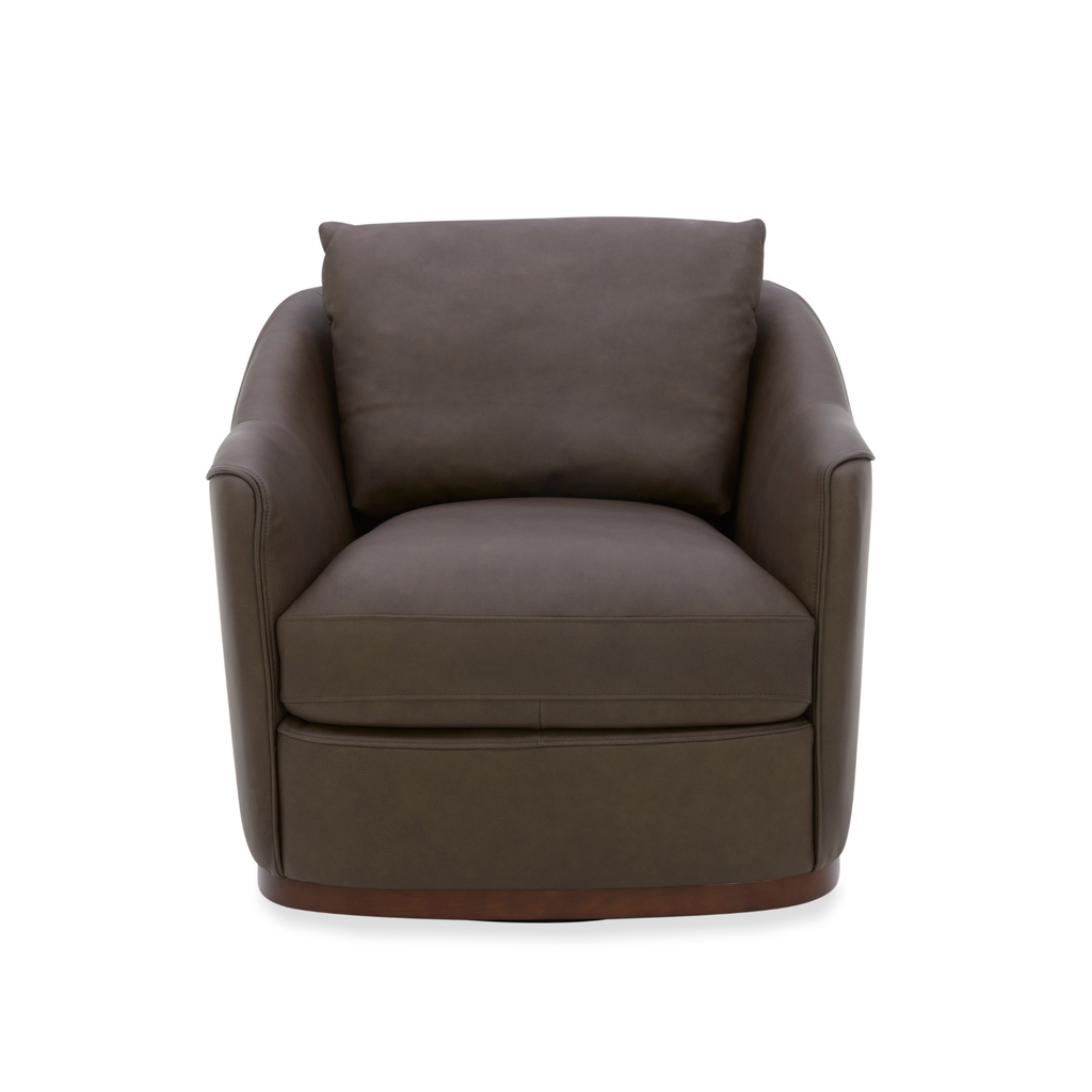 Swivel Lounge Chair in Chocolate Leather - Structured Silhouette, Wood Frame