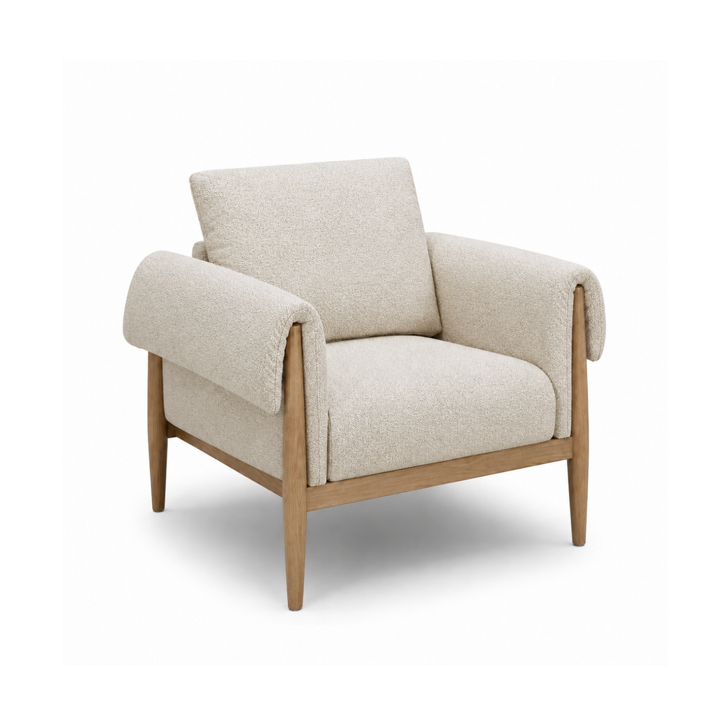 Scandinavian Lounge Chair in Linen-Textured Polyester - Oak Frame, Loose Cushion