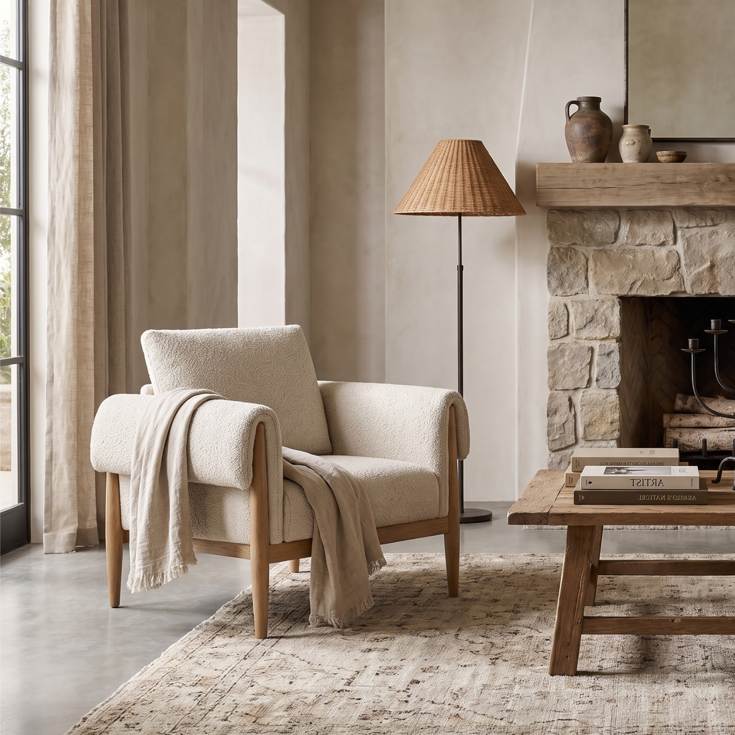 Scandinavian Lounge Chair in Linen-Textured Polyester - Oak Frame, Loose Cushion