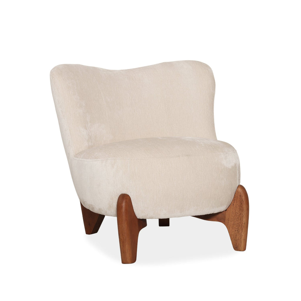 Sculptural Accent Lounge Chair in Ivory Velour - Solid Wood Base