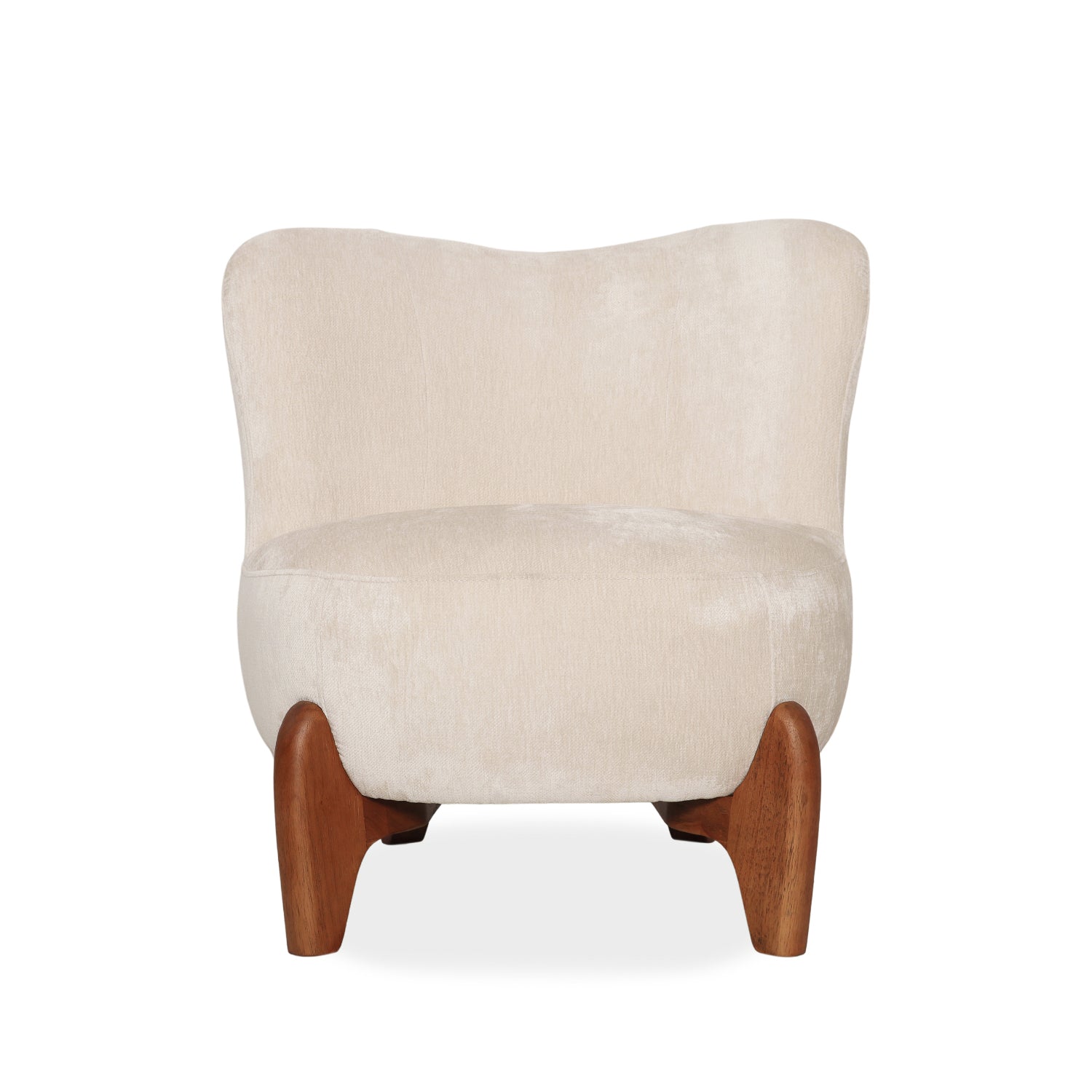 Sculptural Accent Lounge Chair in Ivory Velour - Solid Wood Base