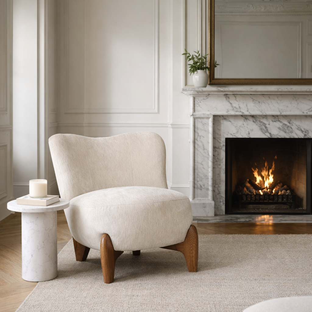 Sculptural Accent Lounge Chair in Ivory Velour - Solid Wood Base