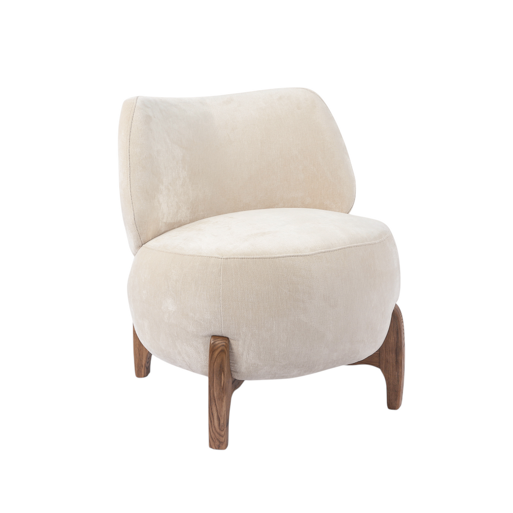 Rounded Accent Lounge Chair in Ivory Velour - Low Profile, Solid Wood Base