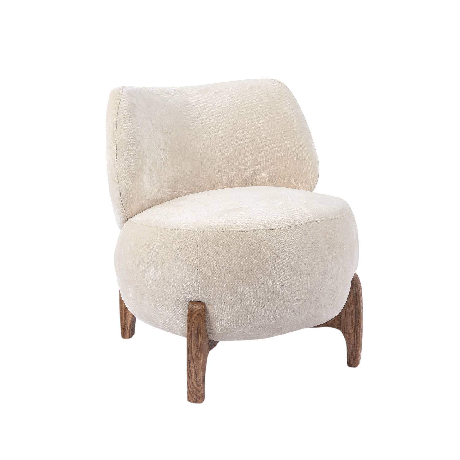 Rounded Accent Lounge Chair in Ivory Velour - Low Profile, Solid Wood Base