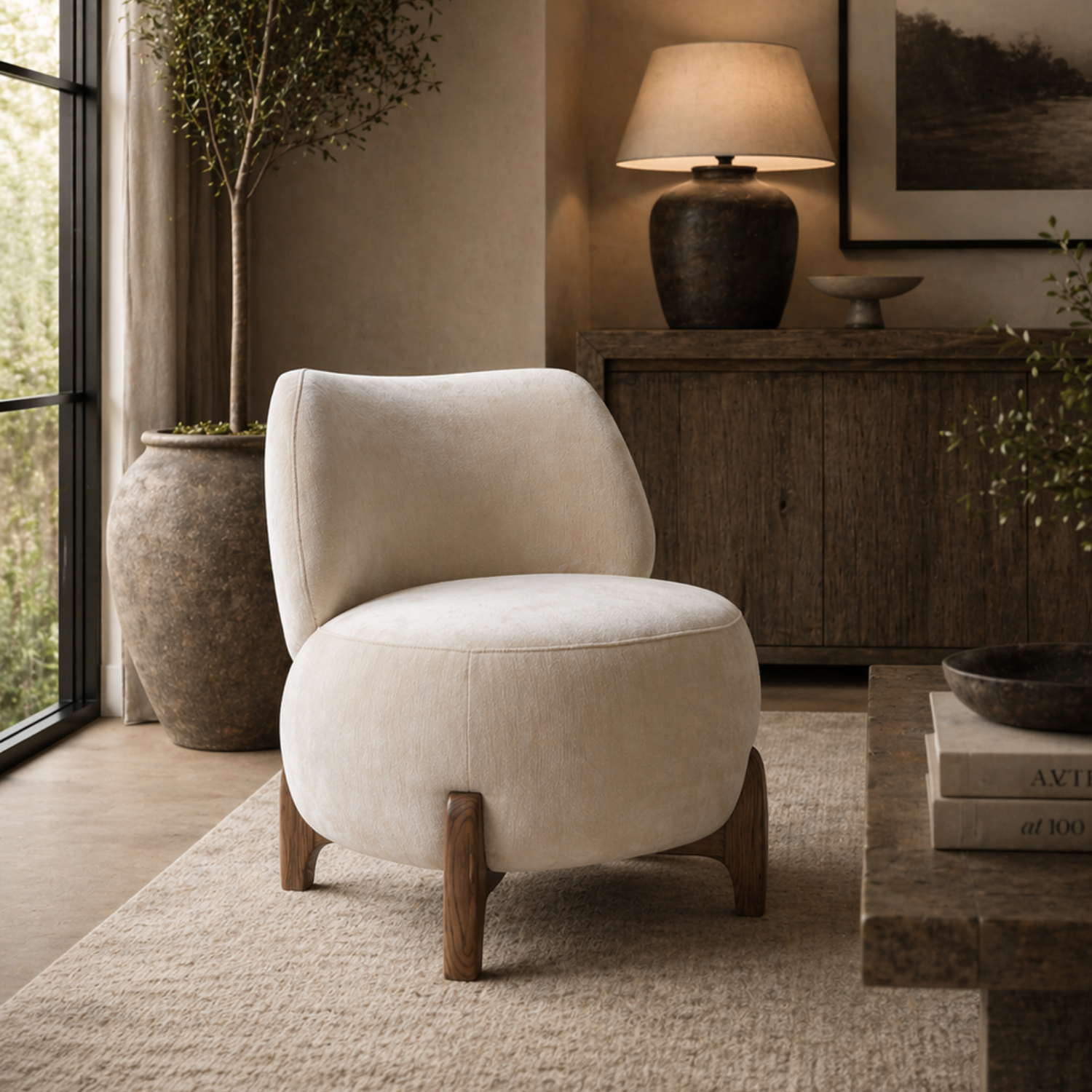 Rounded Accent Lounge Chair in Ivory Velour - Low Profile, Solid Wood Base