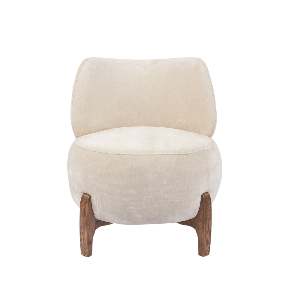 Rounded Accent Lounge Chair in Ivory Velour - Low Profile, Solid Wood Base