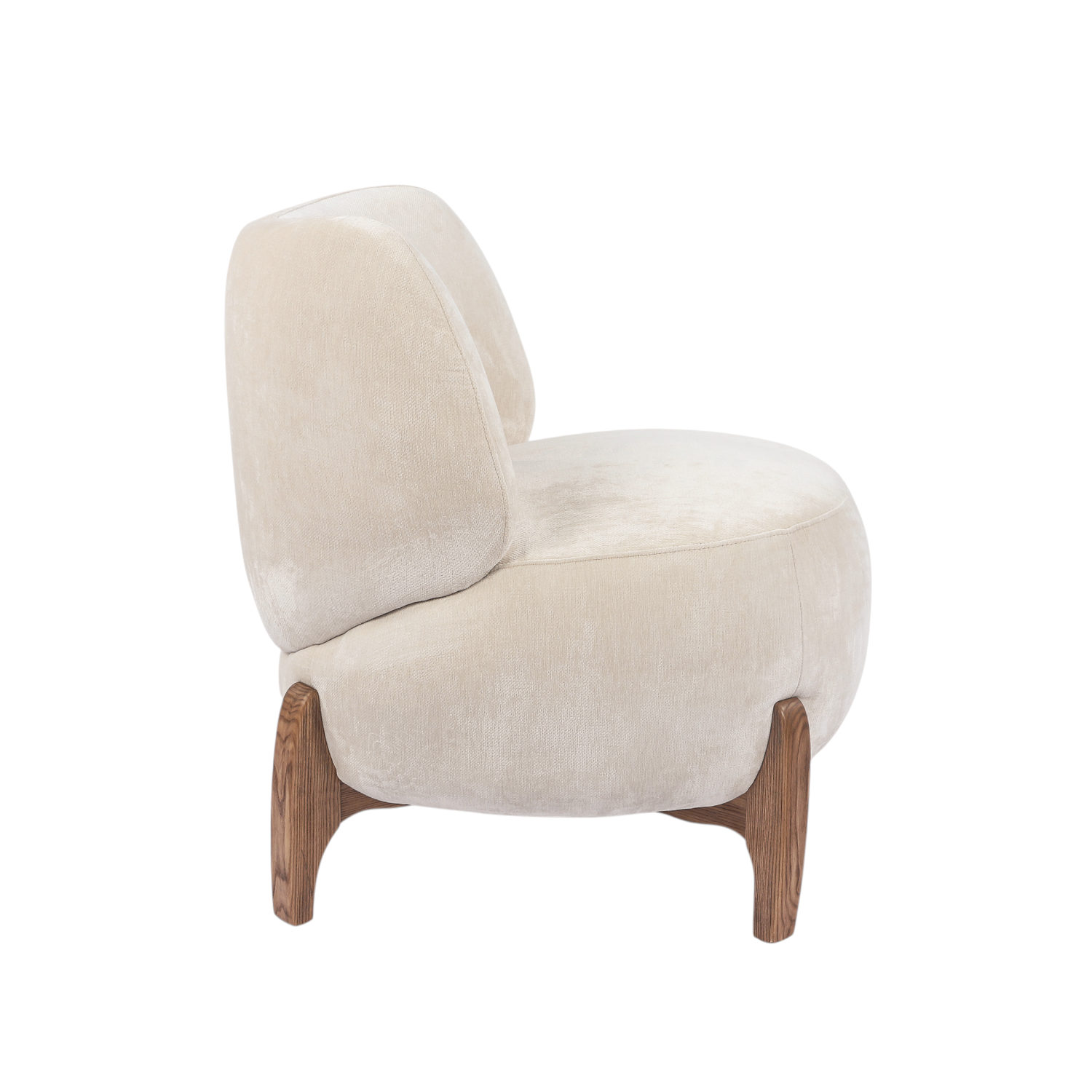 Rounded Accent Lounge Chair in Ivory Velour - Low Profile, Solid Wood Base