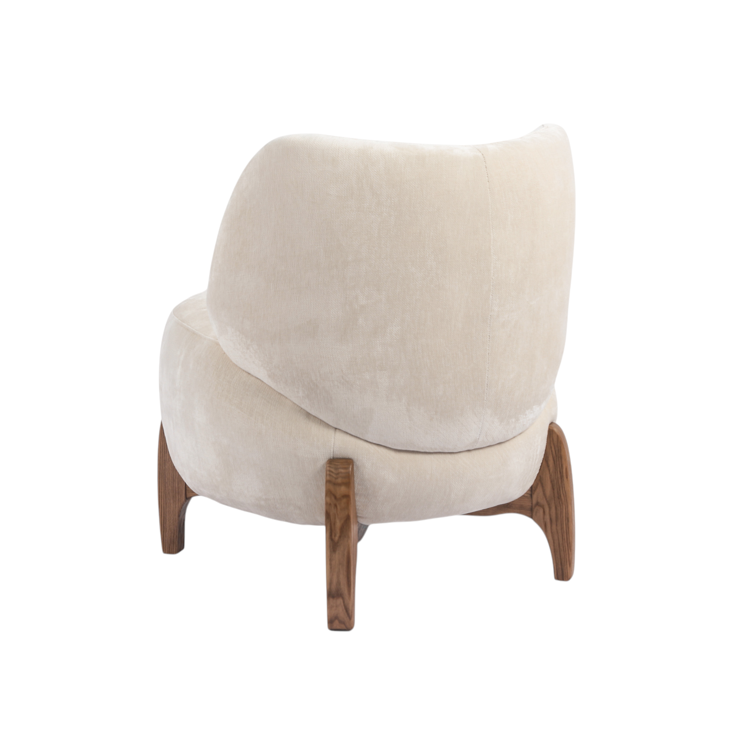 Rounded Accent Lounge Chair in Ivory Velour - Low Profile, Solid Wood Base