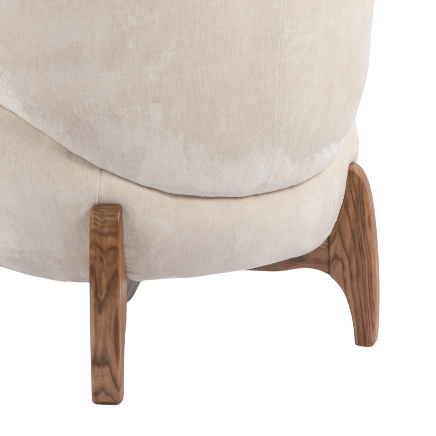 Rounded Accent Lounge Chair in Ivory Velour - Low Profile, Solid Wood Base