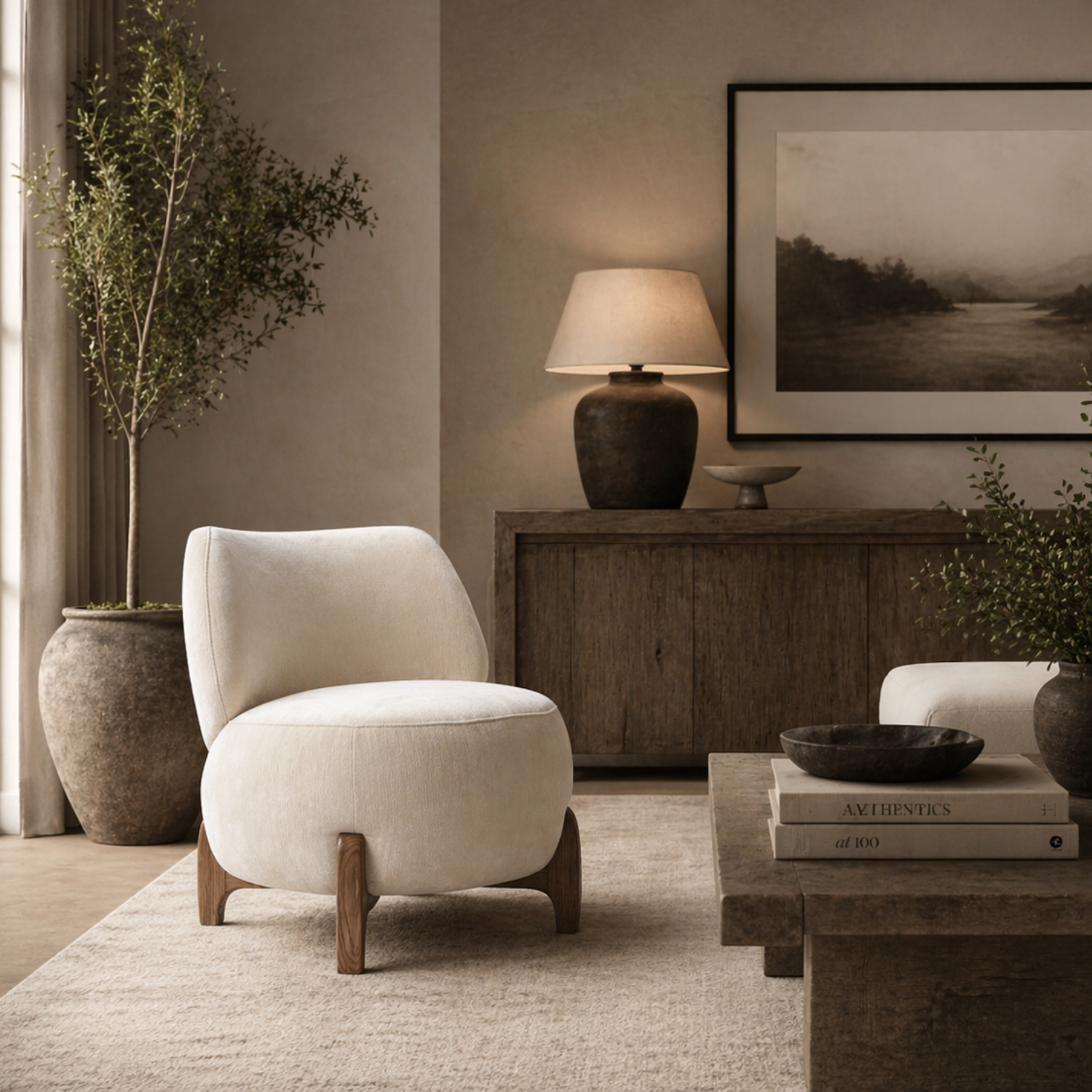 Rounded Accent Lounge Chair in Ivory Velour - Low Profile, Solid Wood Base