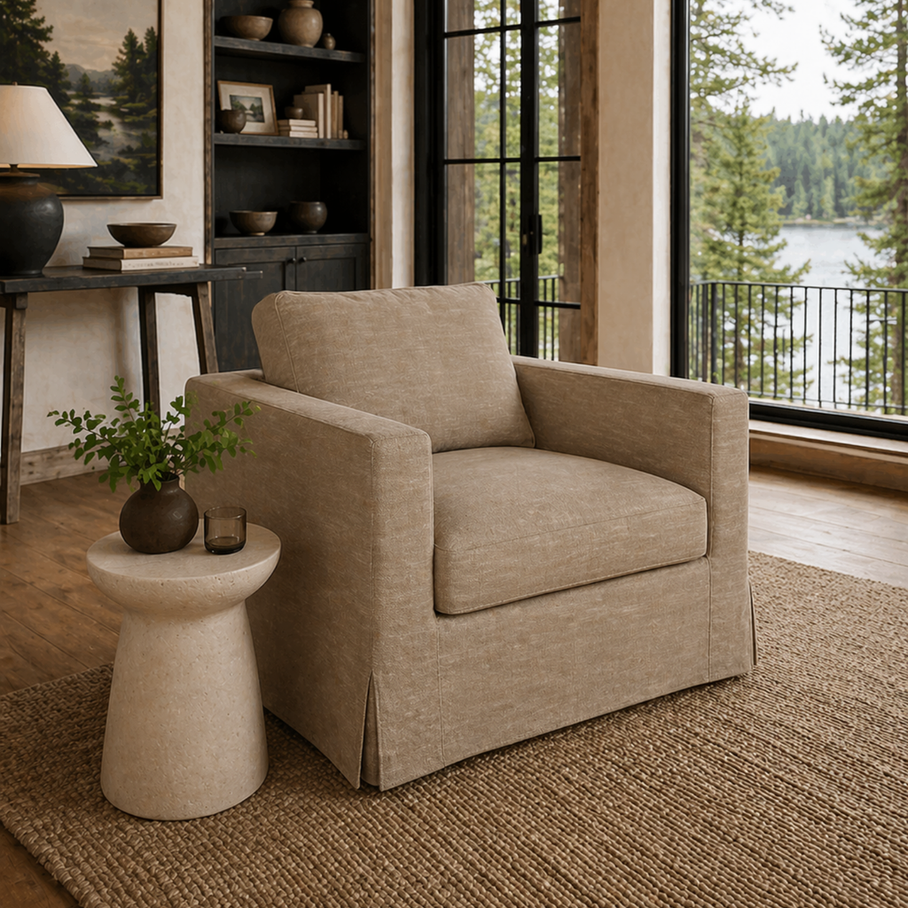 Slipcover Lounge Chair in Brown Linen Blend - Track Arms, Removable Cover