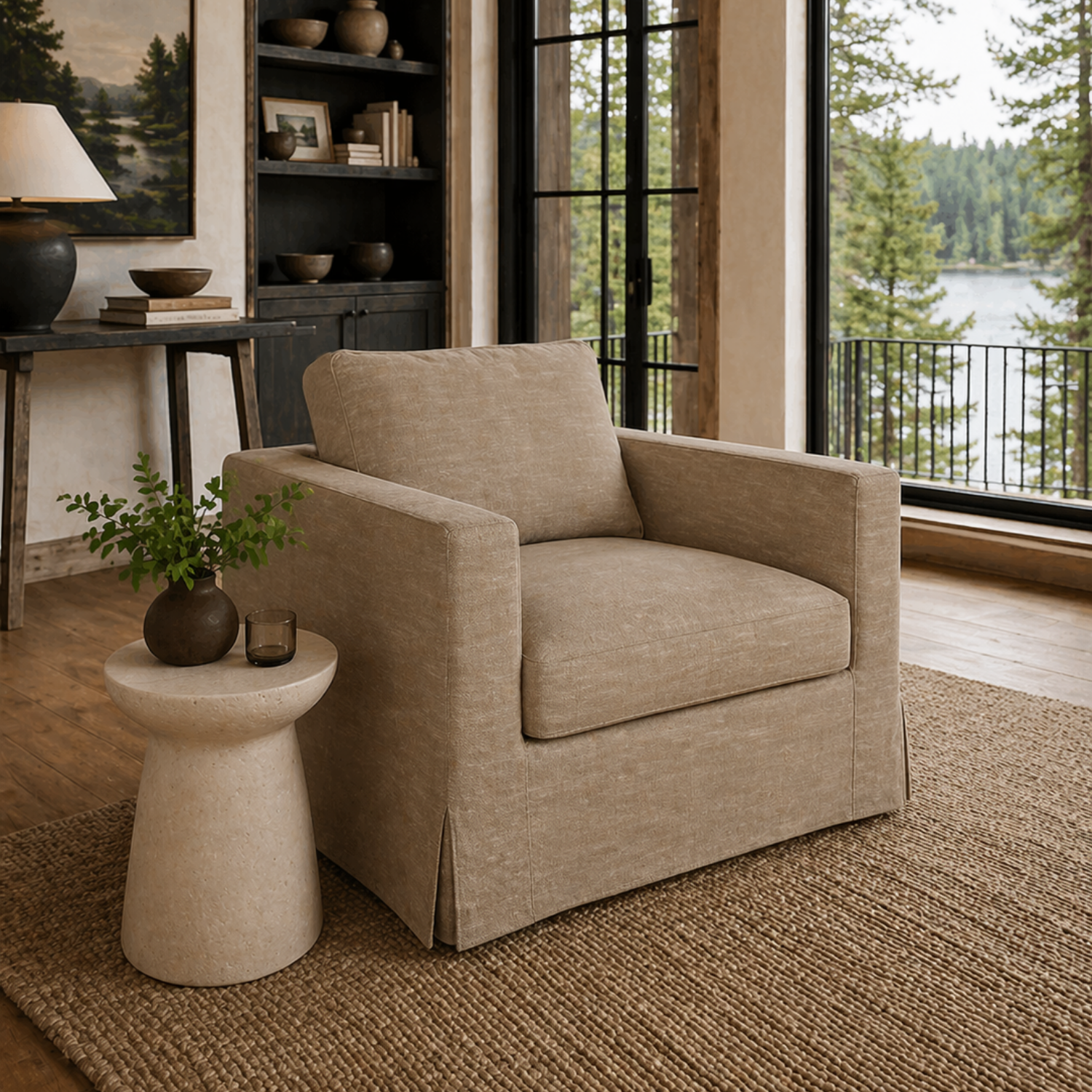 Slipcover Lounge Chair in Brown Linen Blend - Track Arms, Removable Cover