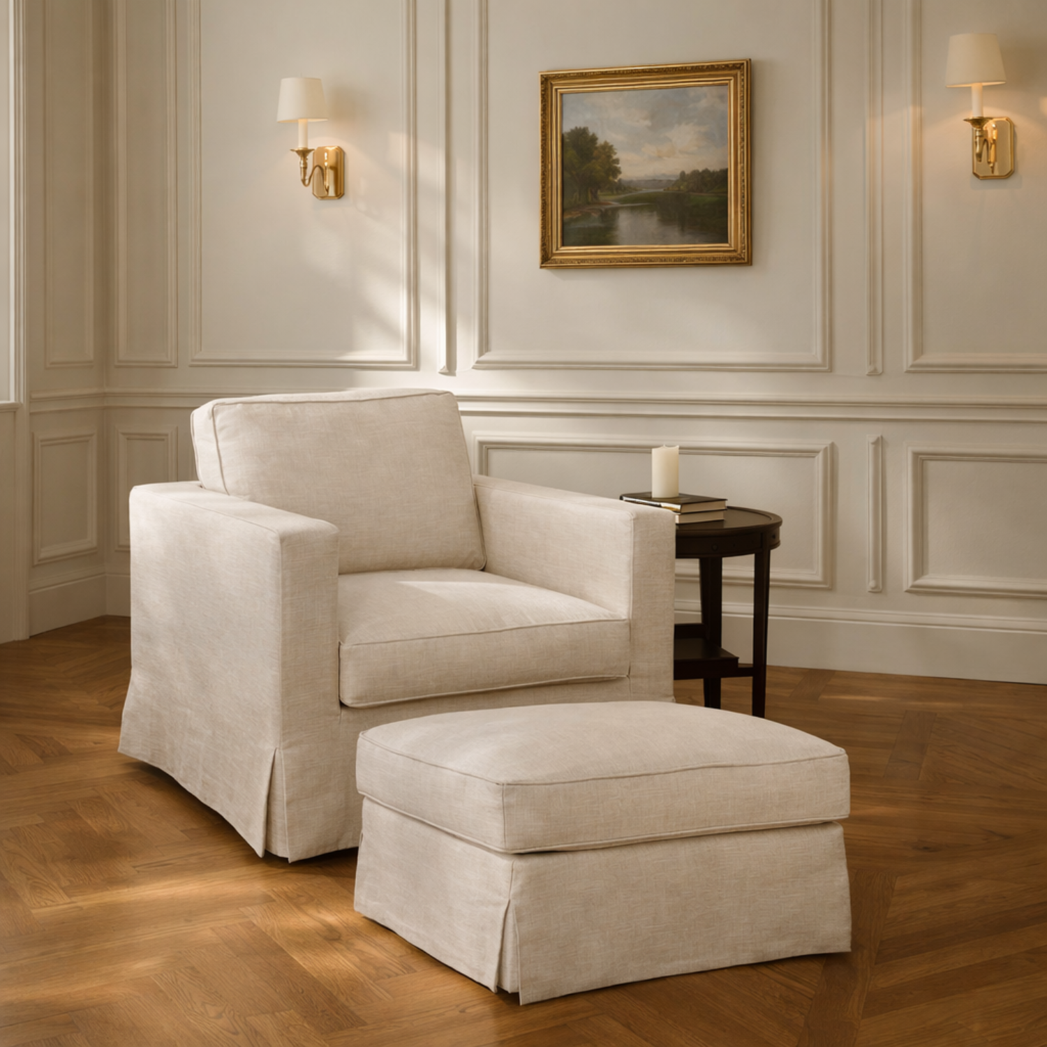 Slipcover Lounge Chair in Natural Linen Blend - Track Arms, Removable Cover