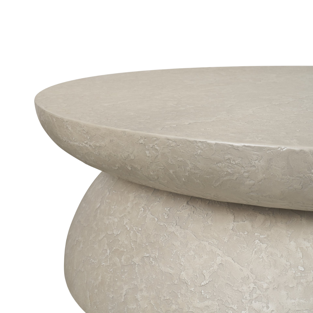 Round Concrete Coffee Table - Drum Silhouette, Pale Stone Finish, Indoor