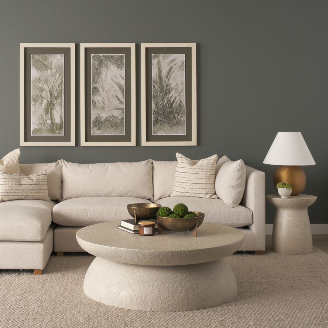 Round Concrete Coffee Table - Drum Silhouette, Pale Stone Finish, Indoor