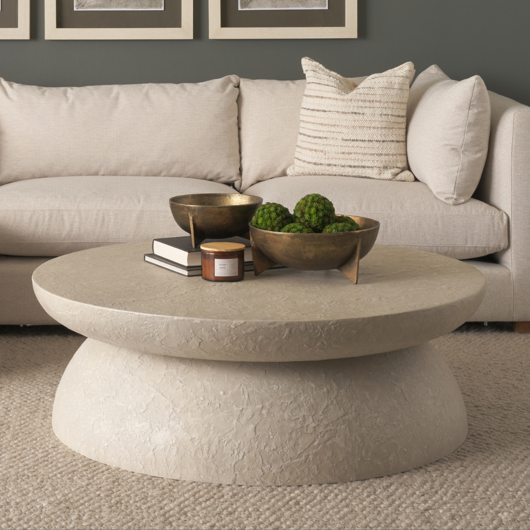 Round Concrete Coffee Table - Drum Silhouette, Pale Stone Finish, Indoor