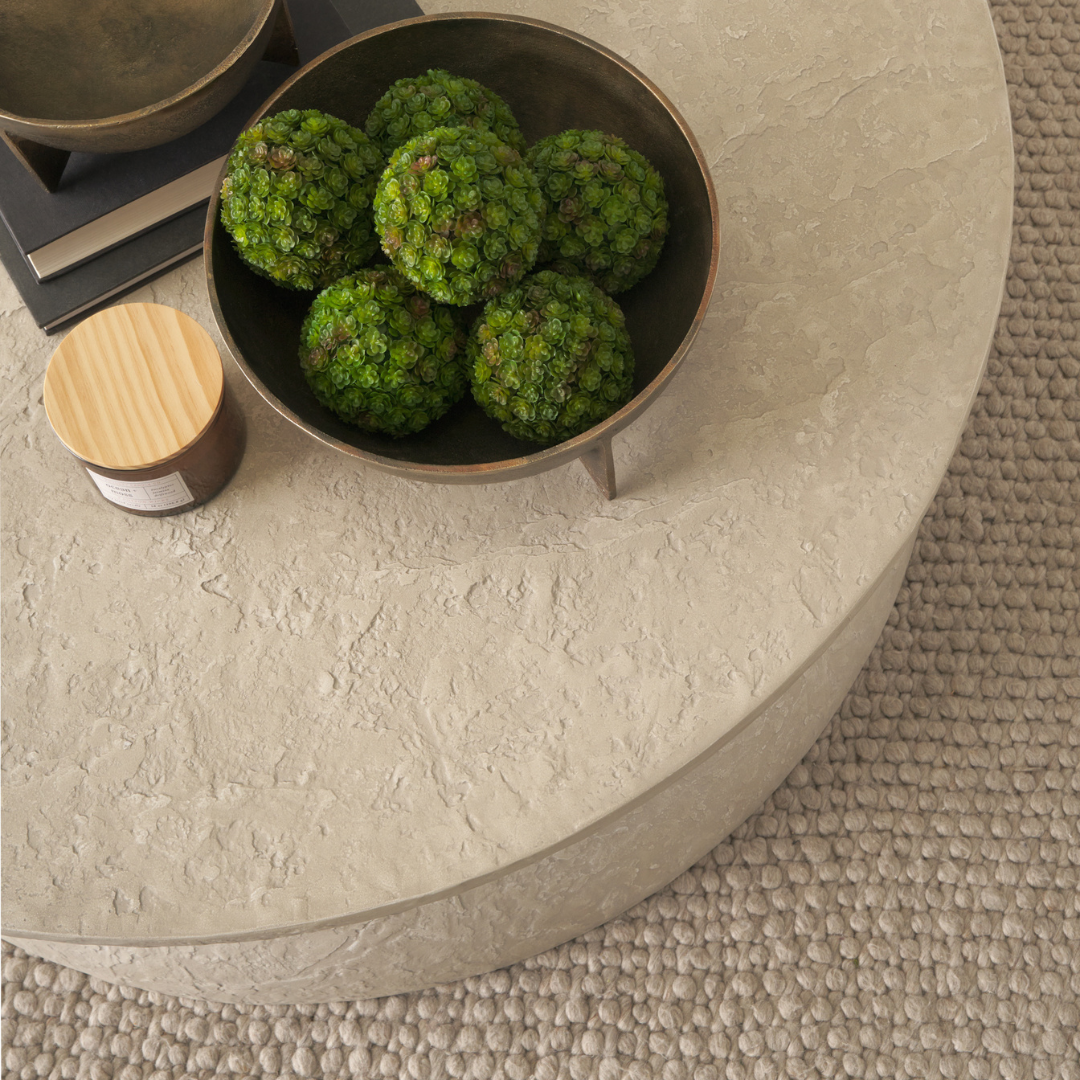 Round Concrete Coffee Table - Drum Silhouette, Pale Stone Finish, Indoor